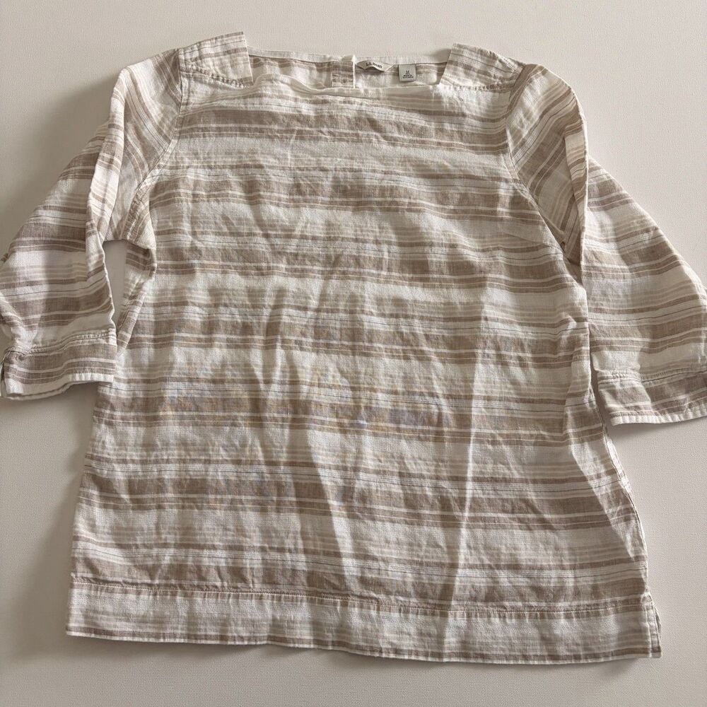 L.L.Bean Women’sSize Med White Beige Striped 100% Linen Blouse Tunic 3/4 Sleeve